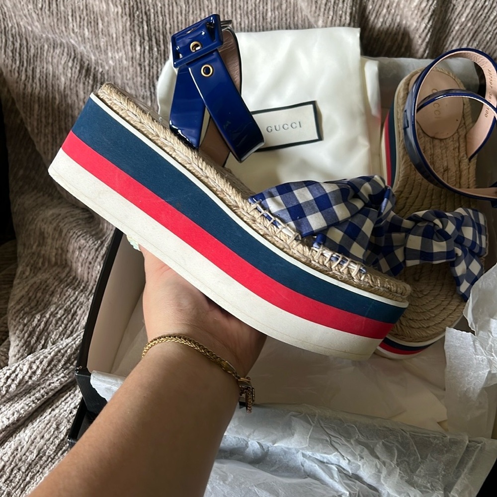 Gucci Electric Blue Gingham Espadrille Platform Wedges